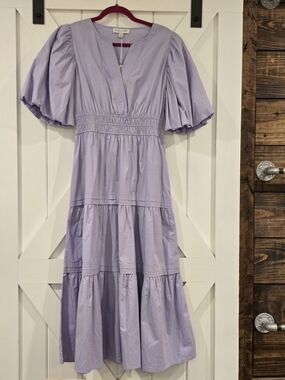 She + Sky Light Lavender Tiered Midi Dress with Puff Sleeves